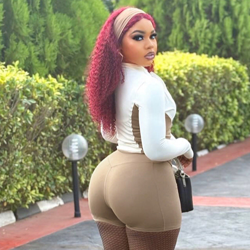 Stand Collar Color Contrast Patchwork Long Sleeve Shorts Two-piece Suit