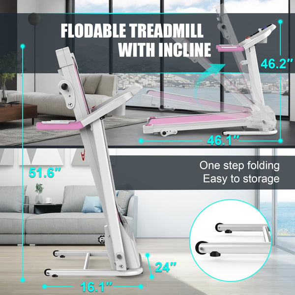 Compact Folding Treadmill For Home - 2.5HP Quiet Brushless Motor, 3-Level Incline, 7.5 MPH, Shock Absorption, Space-Saving Design For Running, Walking - Treadmill For Small Spaces & Home Use